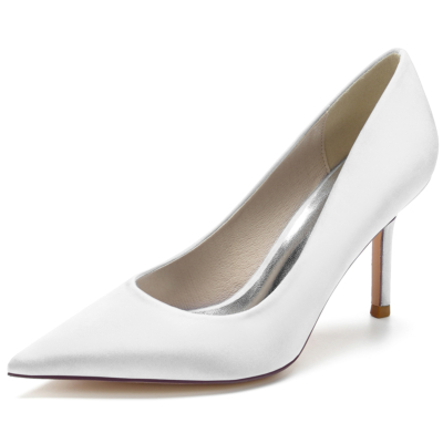 White Satin Simply Pointed Toe Stiletto Heel Pumps for Women