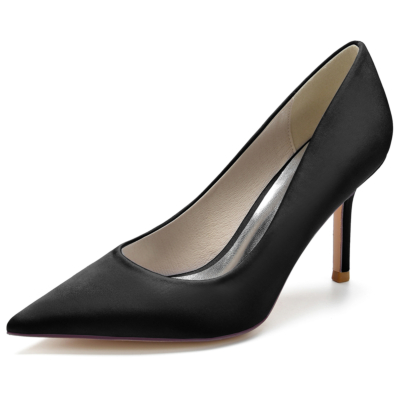 Black Satin Simply Pointed Toe Stiletto Heel Pumps for Women
