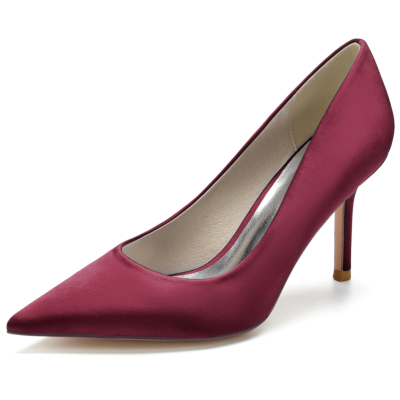 Maroon Satin Simply Pointed Toe Stiletto Heel Pumps for Women