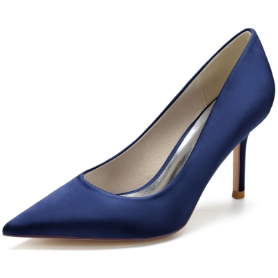 Navy Satin Simply Pointed Toe Stiletto Heel Pumps for Women