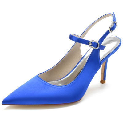 Royal Blue Satin Slingbacks Heels Closed Toe Pumps Shoes For Dance