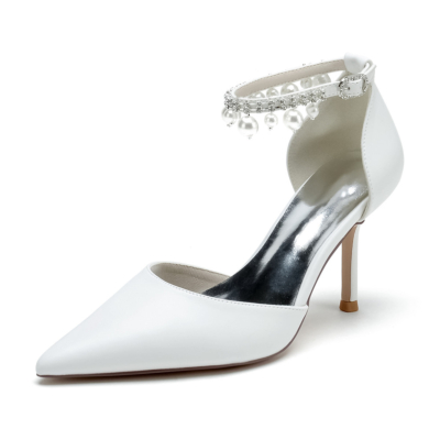 White Satin Solid Pumps Shoes Pearl Ankle Strap D'orsay Stiletto Heels for Dance
