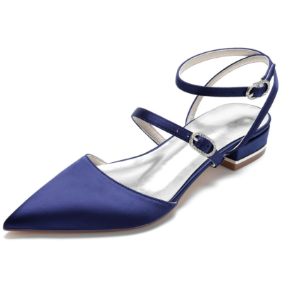 Navy Satin Strappy Slingbacks Flats Pointed Toe Backless Buckle Flat Shoes