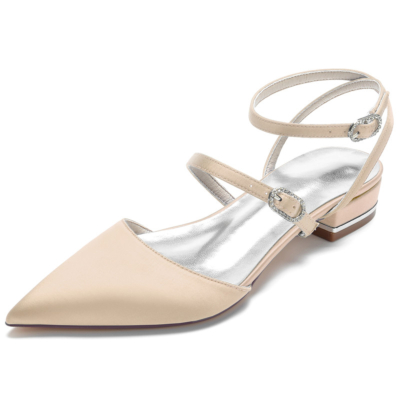 Champagne Satin Strappy Slingbacks Flats Pointed Toe Backless Buckle Flat Shoes