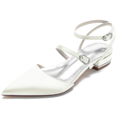 Ivory Satin Strappy Slingbacks Flats Pointed Toe Backless Buckle Flat Shoes