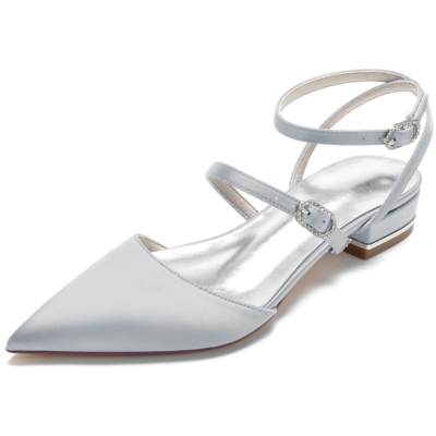 Grey Satin Strappy Slingbacks Flats Pointed Toe Backless Buckle Flat Shoes