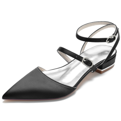 Black Satin Strappy Slingbacks Flats Pointed Toe Backless Buckle Flat Shoes