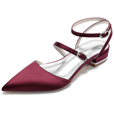 Burgundy Satin Strappy Slingbacks Flats Pointed Toe Backless Buckle Flat Shoes