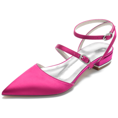 Magenta Satin Strappy Slingbacks Flats Pointed Toe Backless Buckle Flat Shoes