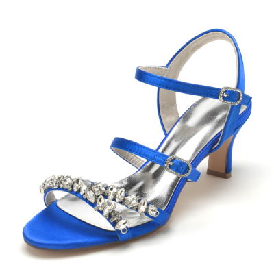 Royal Blue Satin Triple Strap Sandals Rhinestone Embellished Middle Heel Sandals