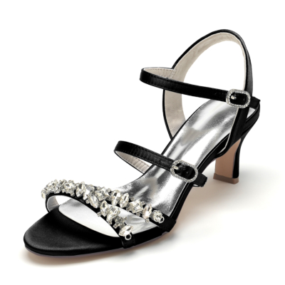 Black Satin Triple Strap Sandals Rhinestone Embellished Middle Heel Sandals