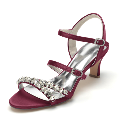 Burgundy Satin Triple Strap Sandals Rhinestone Embellished Middle Heel Sandals