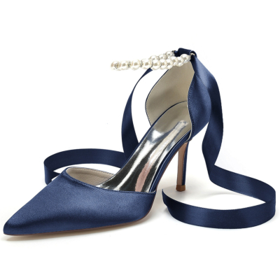 Navy Satin Wedding Pearl Ankle Strap D'orsay Pumps Back Tie Stiletto Heels