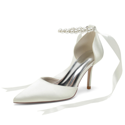Beige Satin Wedding Pearl Ankle Strap D'orsay Pumps Back Tie Stiletto Heels