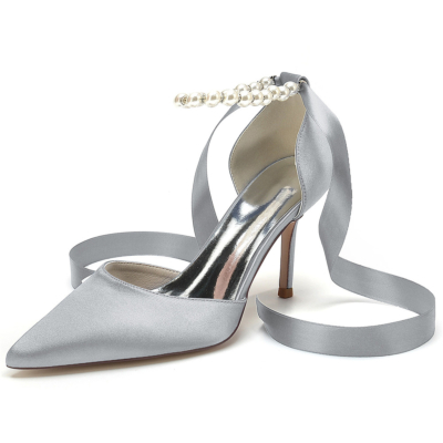 Grey Satin Wedding Pearl Ankle Strap D'orsay Pumps Back Tie Stiletto Heels