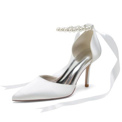 White Satin Wedding Pearl Ankle Strap D'orsay Pumps Back Tie Stiletto Heels
