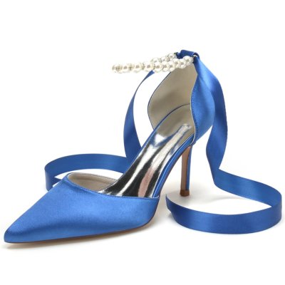 Royal Blue Satin Wedding Pearl Ankle Strap D'orsay Pumps Back Tie Stiletto Heels