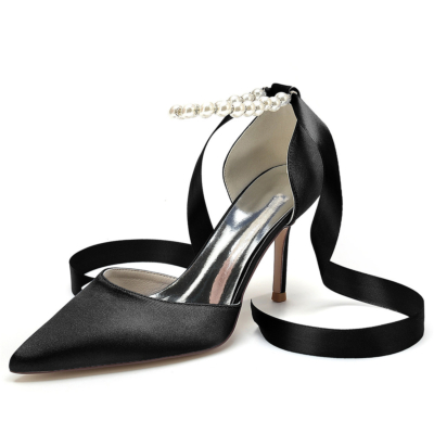 Black Satin Wedding Pearl Ankle Strap D'orsay Pumps Back Tie Stiletto Heels