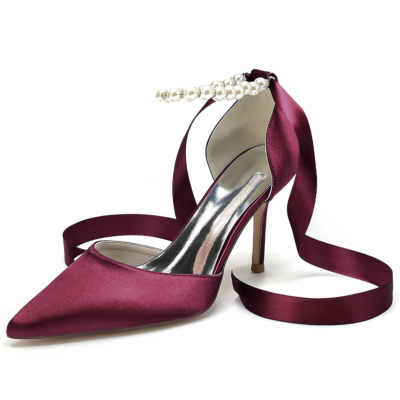 Burgundy Satin Wedding Pearl Ankle Strap D'orsay Pumps Back Tie Stiletto Heels