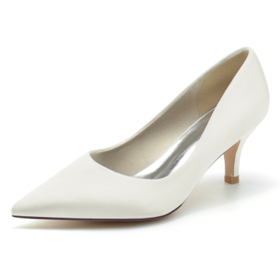 Ivory White Satin Wedding Pumps Kitten Heels Chic Bridal Shoes
