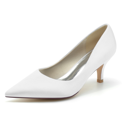 White Satin Wedding Pumps Kitten Heels Chic Bridal Shoes