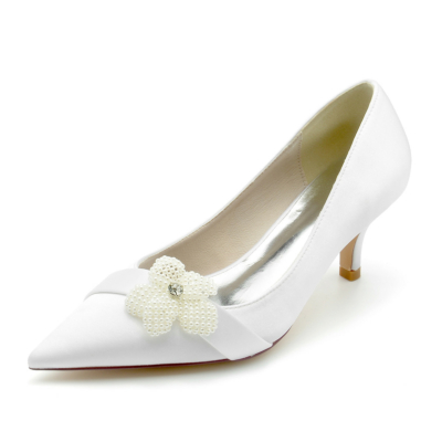 Satin Wedding Pumps with Pearl Flower Chic Bridal Shoes Kitten Heels