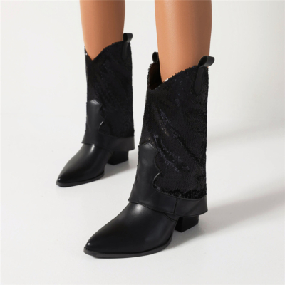 Black Sequin Fold Over Ankle Boots Chunky Heel Cowboy Boots