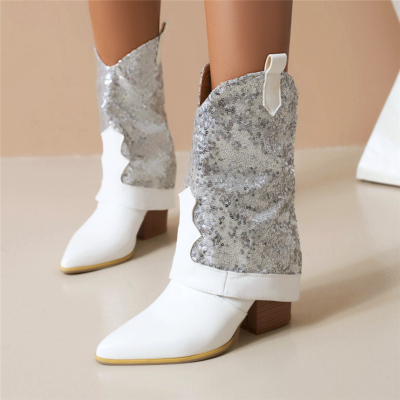 White Sequin Fold Over Ankle Boots Chunky Heel Cowboy Boots