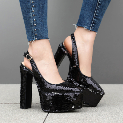 Black Sequin Platform Block Heels Slingback Pumps Pointed Toe Dresses Shoes