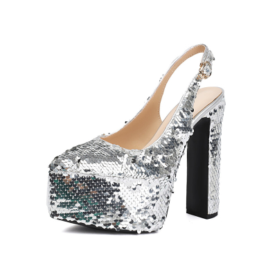 Silver Sequin Platform Block Heels Slingback Pumps Pointed Toe Dresses Shoes