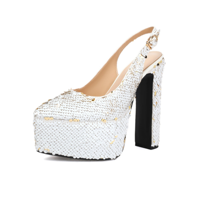 White Sequin Platform Block Heels Slingback Pumps Pointed Toe Dresses Shoes