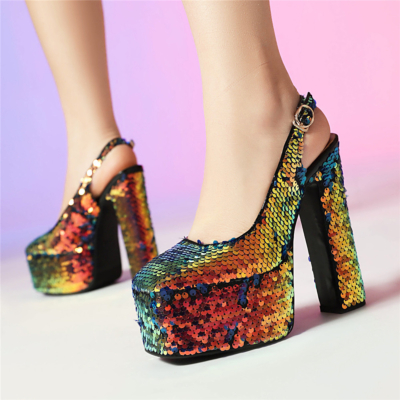 Multicolor Sequin Platform Chunky Heel Slingback Pumps Lace Up Dance Shoes