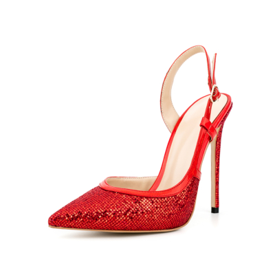 Red Sequin Slingback Heels Glitter Pointed Toe High Heel Dress Shoes