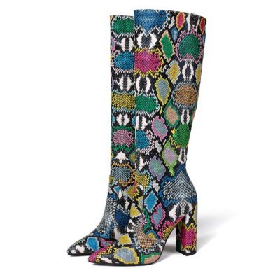 Multicolor Python-printed Pointy Toe High Heel Knee High Boots