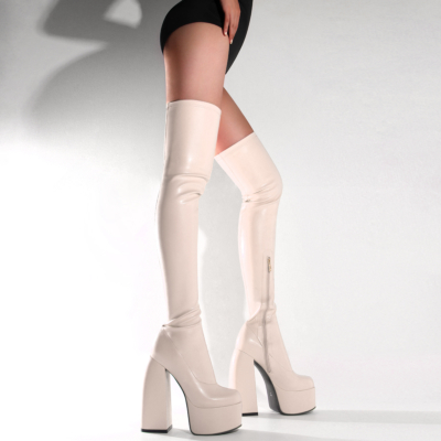 Ivory Block Heel Platform Boots Pleaser Thigh High Boots with Zipper