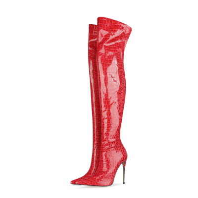 Red Croc Printed Metallic Pointed Toe Stiletto Heeled Thigh High Boots for Winter