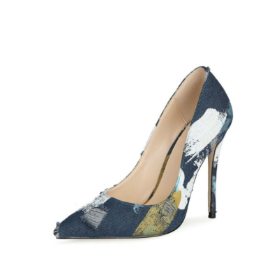 Blue Denim Pointed Toe Pumps 12cm High Heels Dress Shoes