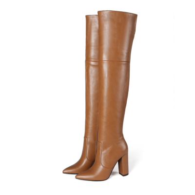 Brown Chunky Heel Zipper Tall Boots Over-the-knee Boots