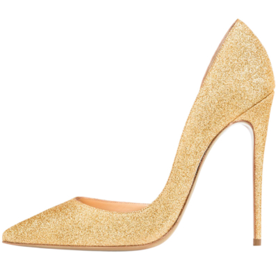 Gold Sequined Party Pumps Pointed Toe Stiletto 4 inch High Heels D'orsay