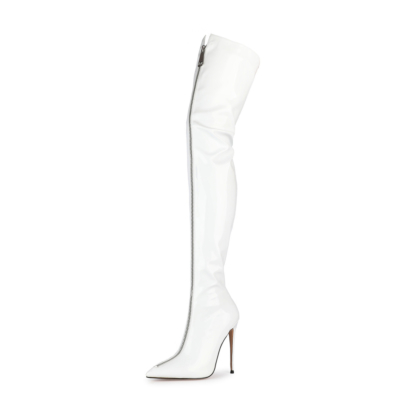 White Sexy Patent Leather Zipper Over the Knee Stiletto Thigh High Boots