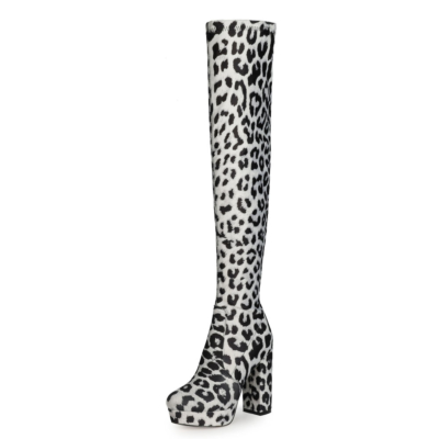 Black Leopard Printed Chunky Heel Platform Over-the-knee Boots with Round Toe