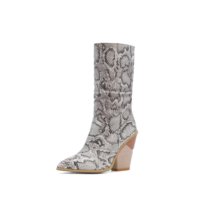 White Sexy Python Embossed Heeled Slouch Booties Knee High Boots