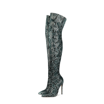 Green Snake Prints Stiletto Over The Knee Thigh High Boots with Pointy Toe