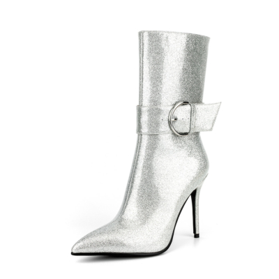 Silver Stiletto Heel Ankle Boots Pointed Toe Buckle Tall Boots