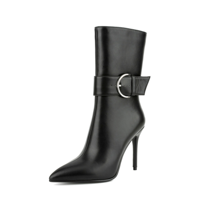 Black Stiletto Heel Ankle Boots Pointed Toe Buckle Tall Boots