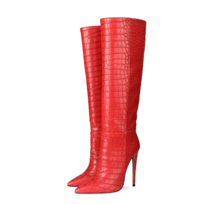 Up2step Red Sexy Woman Croc-Printed Stiletto Heel Knee High Boots