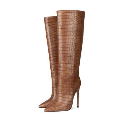 Up2step Brown Sexy Woman Croc-Printed Stiletto Heel Knee High Boots