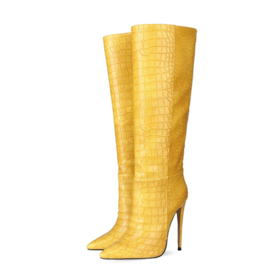 Up2step Yellow Sexy Woman Croc-Printed Stiletto Heel Knee High Boots
