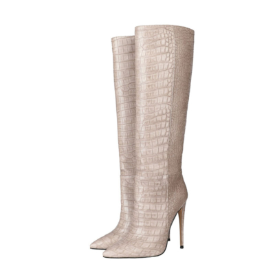 Up2step Nude Sexy Woman Croc-Printed Stiletto Heel Knee High Boots