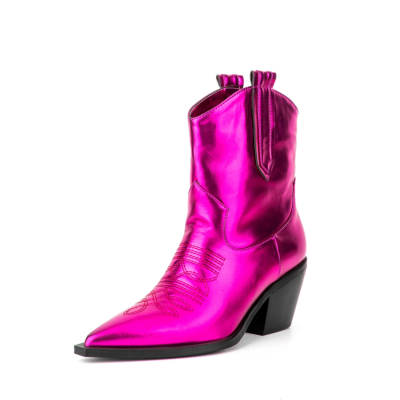 Shiny Fuchsia Block Heels Pointy Toe Western Cowboy Boots Ankle Booties